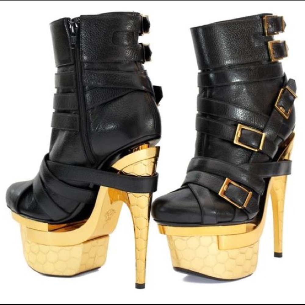 Versace Black New Triple Platform Leather Ankle Booties 38